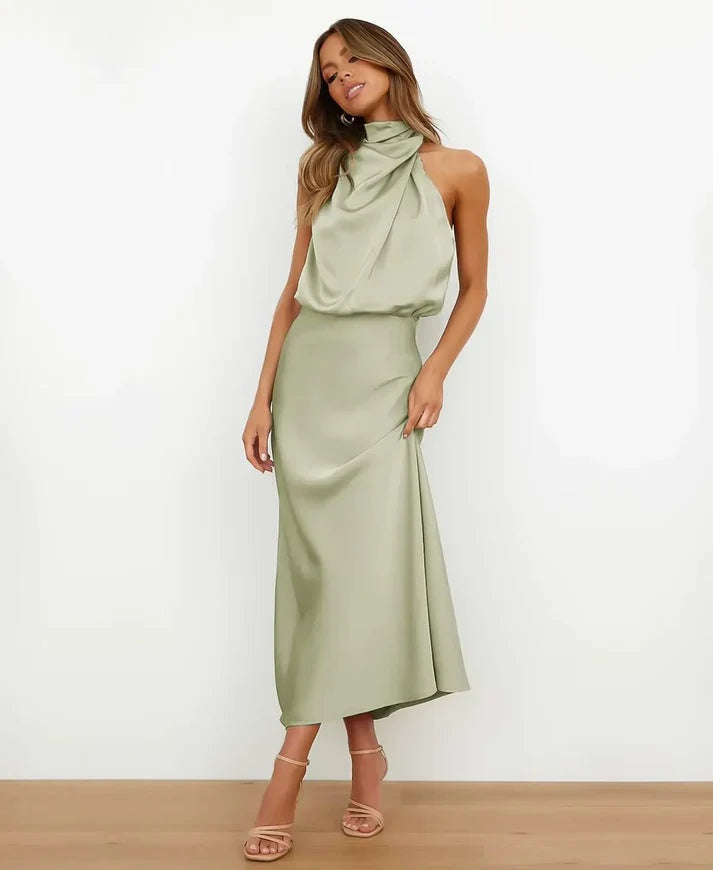 Léonie | Robe Fourreau de Soirée Mariage Femme Col Halter Satiné