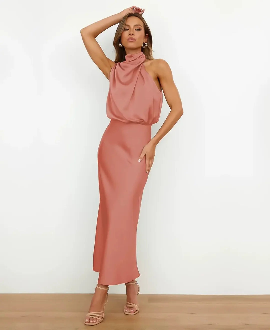 Léonie | Robe Fourreau de Soirée Mariage Femme Col Halter Satiné