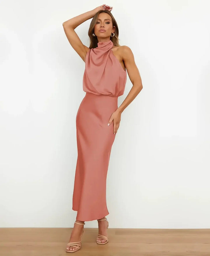 Léonie | Robe Fourreau de Soirée Mariage Femme Col Halter Satiné
