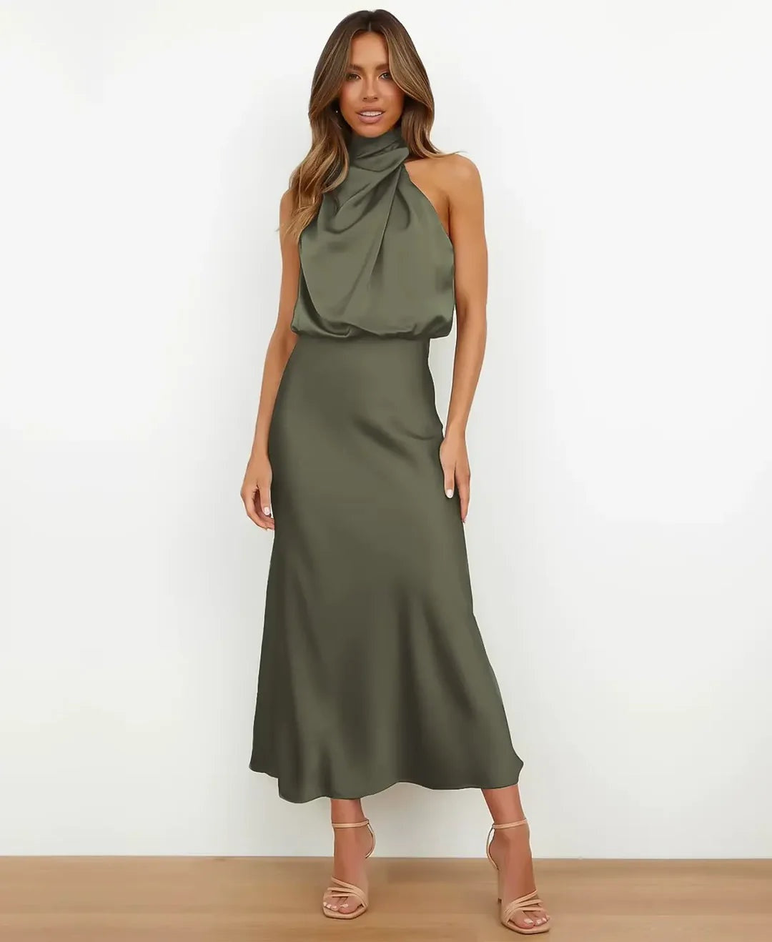 Léonie | Robe Fourreau de Soirée Mariage Femme Col Halter Satiné