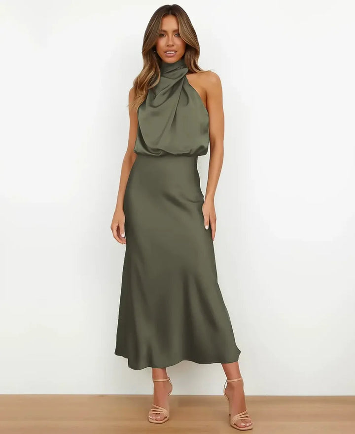 Léonie | Robe Fourreau de Soirée Mariage Femme Col Halter Satiné