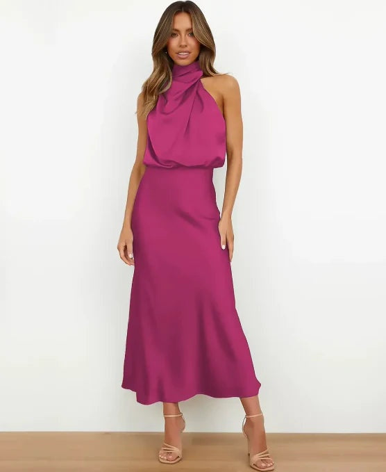 Léonie | Robe Fourreau de Soirée Mariage Femme Col Halter Satiné