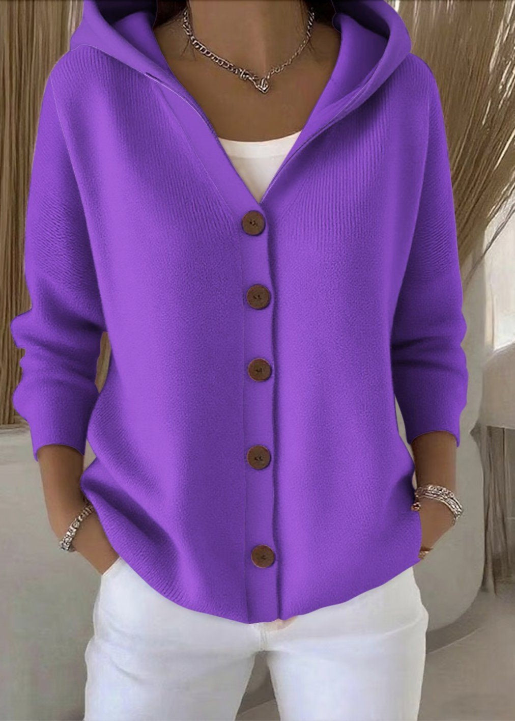 Louise | Cardigan Femme à Capuche Boutons Maille Douce