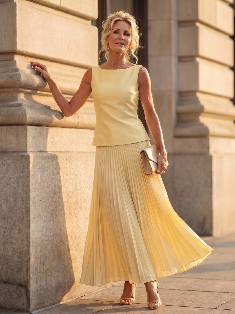 Lucile | Jupe Longue Plissée Femme Taille Haute Sans Manches
