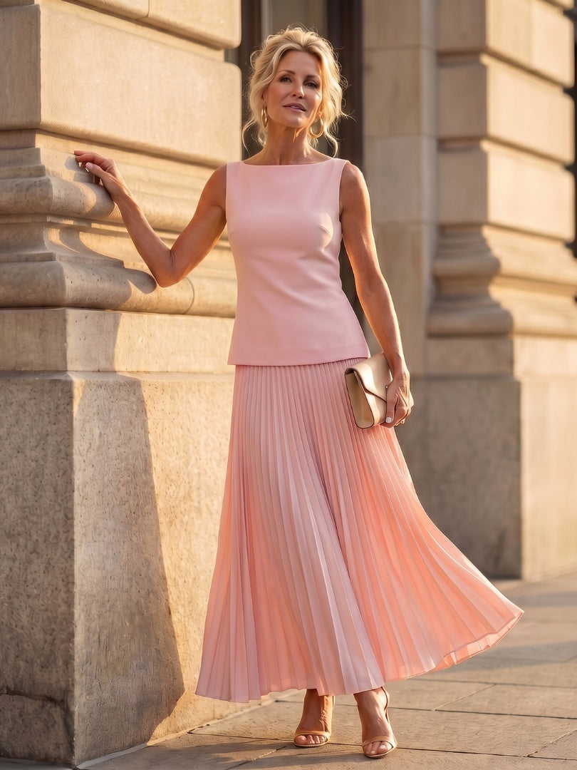 Lucile | Jupe Longue Plissée Femme Taille Haute Sans Manches