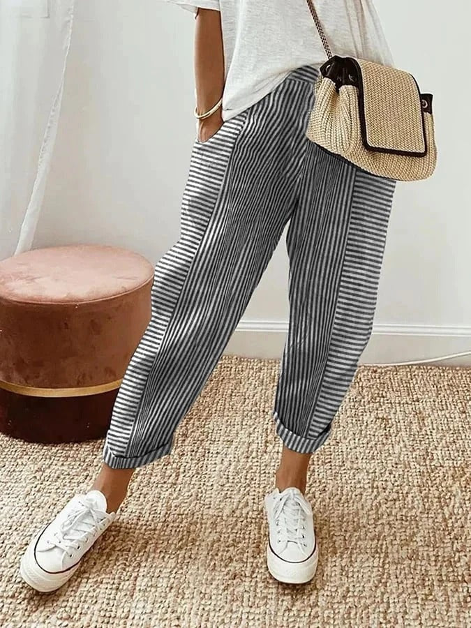 Lucile | Pantalon Droit Rayé Femme Taille Élastique