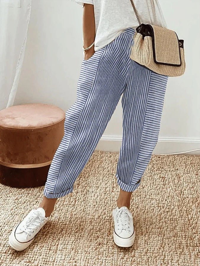 Lucile | Pantalon Droit Rayé Femme Taille Élastique