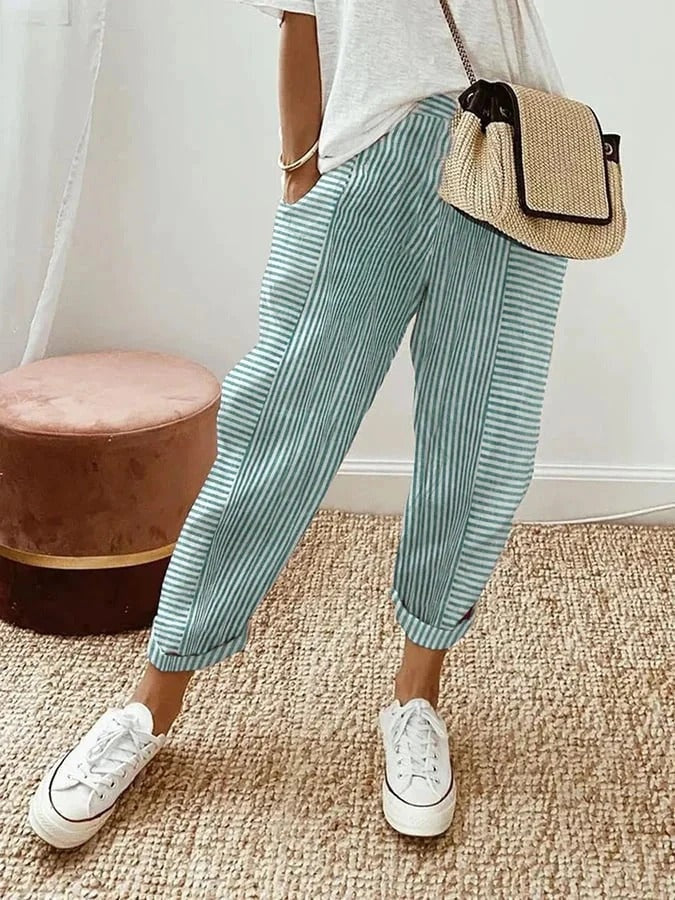 Lucile | Pantalon Droit Rayé Femme Taille Élastique