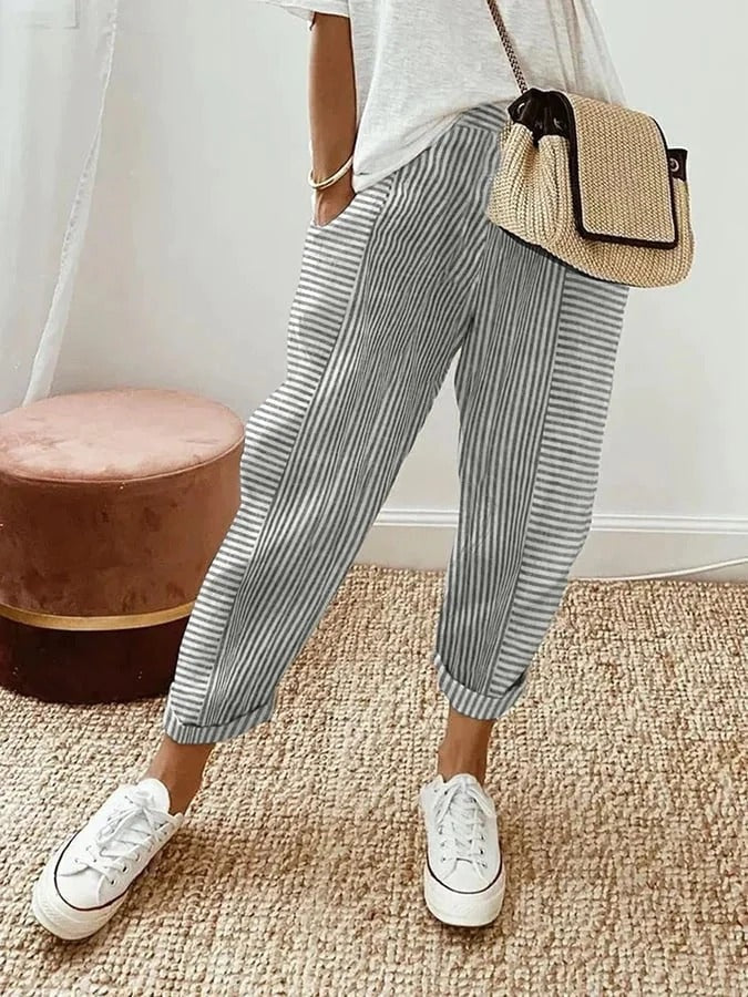 Lucile | Pantalon Droit Rayé Femme Taille Élastique
