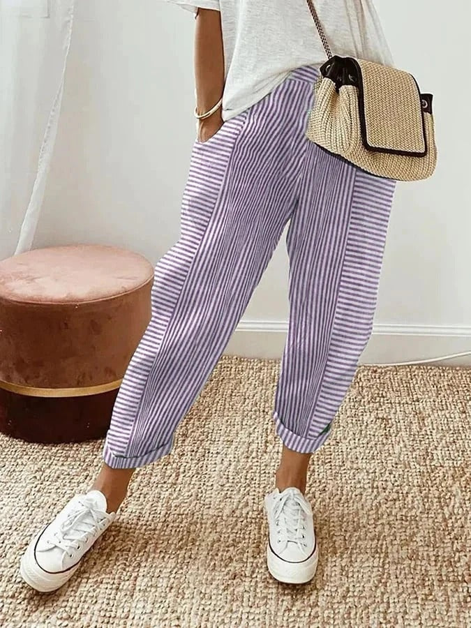 Lucile | Pantalon Droit Rayé Femme Taille Élastique
