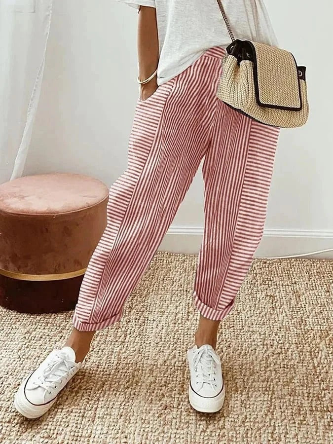 Lucile | Pantalon Droit Rayé Femme Taille Élastique