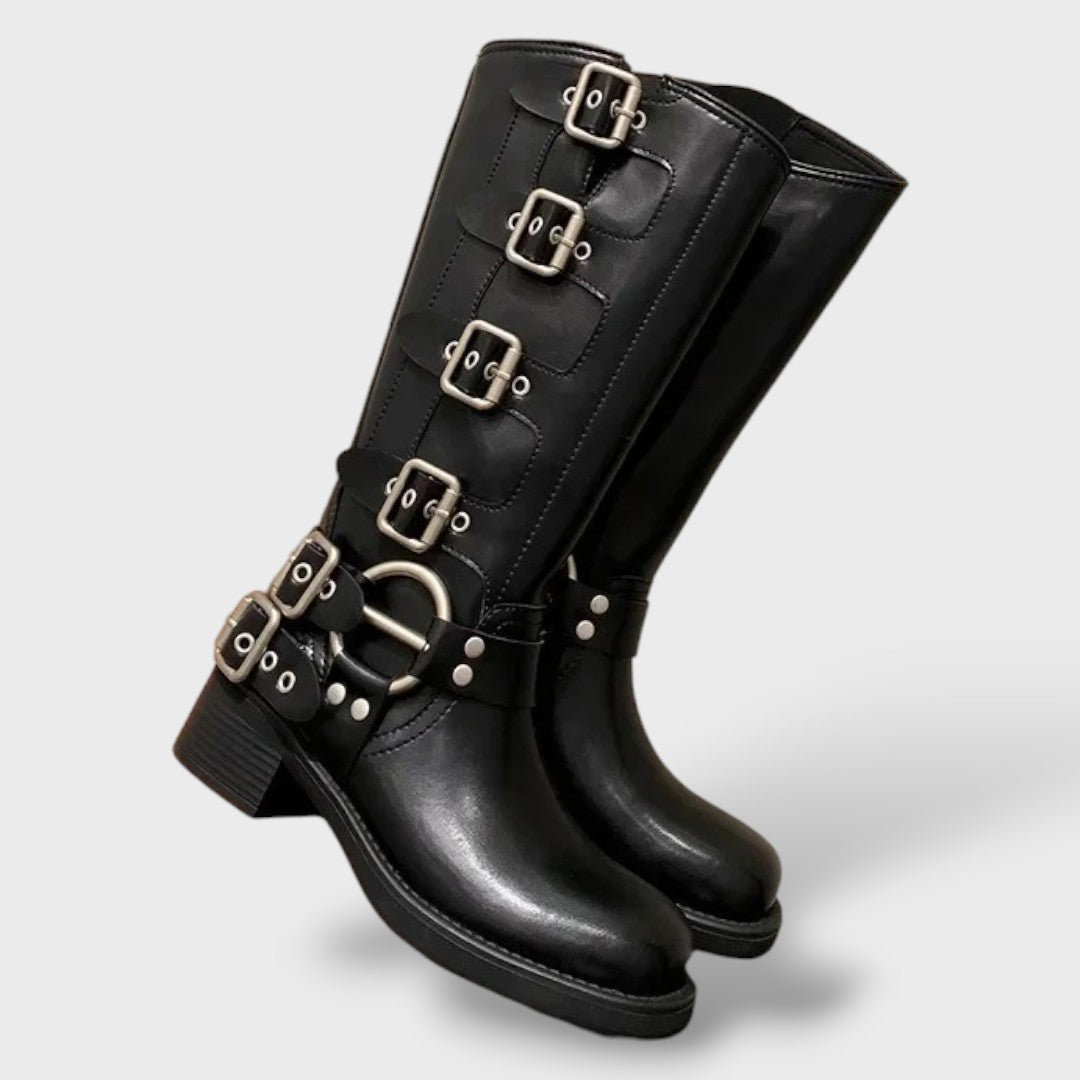 Madeleine | Bottes Cuir Femme Hautes Biker à Boucles