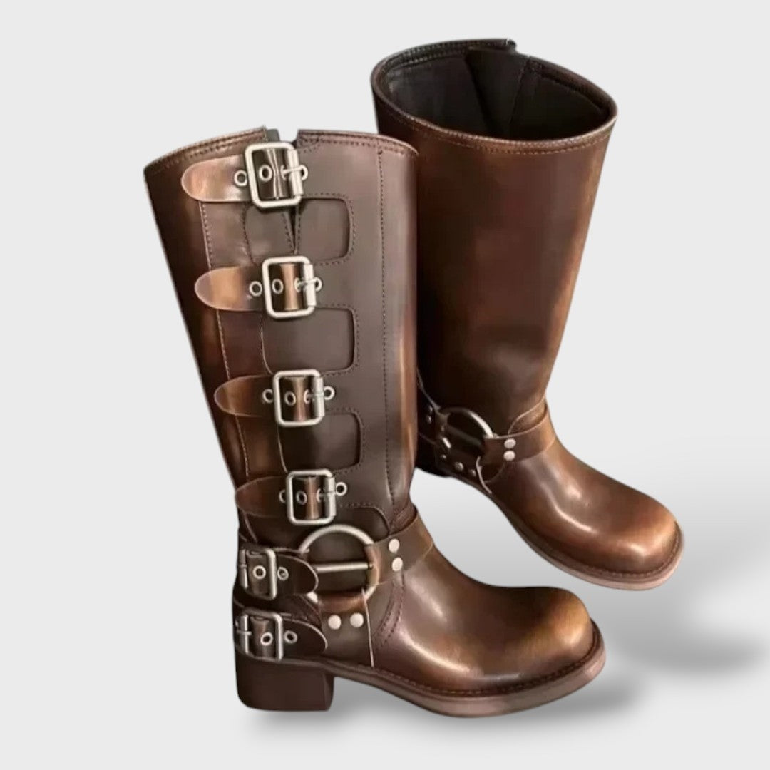 Madeleine | Bottes Cuir Femme Hautes Biker à Boucles