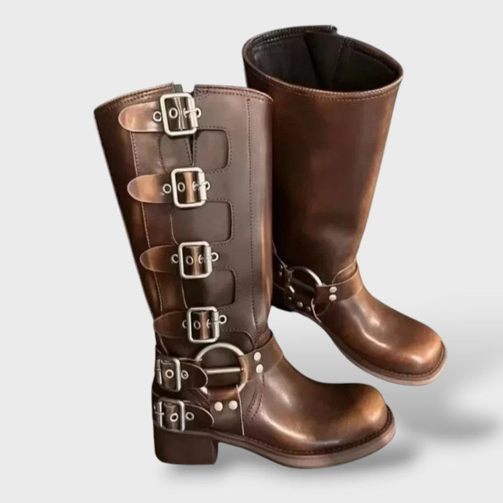 Madeleine | Bottes Cuir Femme Hautes Biker à Boucles
