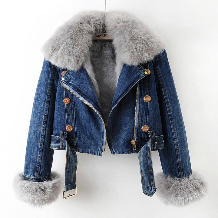 Manon | Manteau Court en Denim Femme Col Fourrure