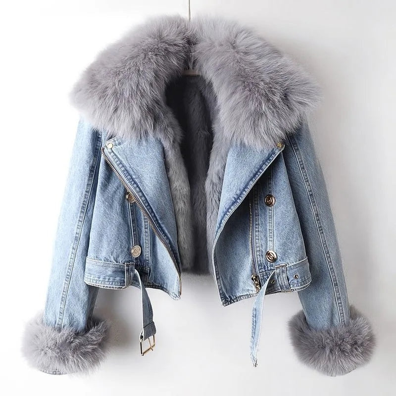Manon | Manteau Court en Denim Femme Col Fourrure