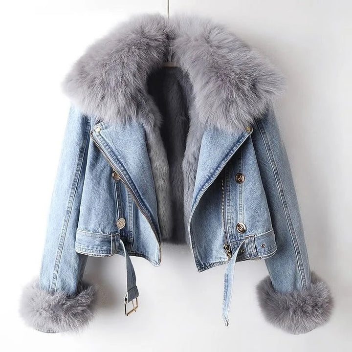 Manon | Manteau Court en Denim Femme Col Fourrure