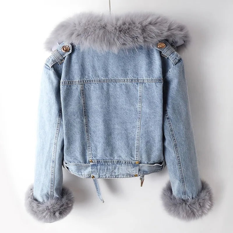Manon | Manteau Court en Denim Femme Col Fourrure
