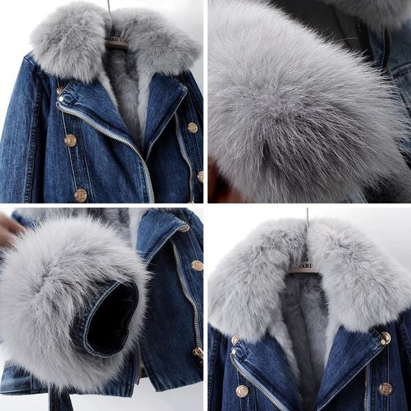 Manon | Manteau Court en Denim Femme Col Fourrure