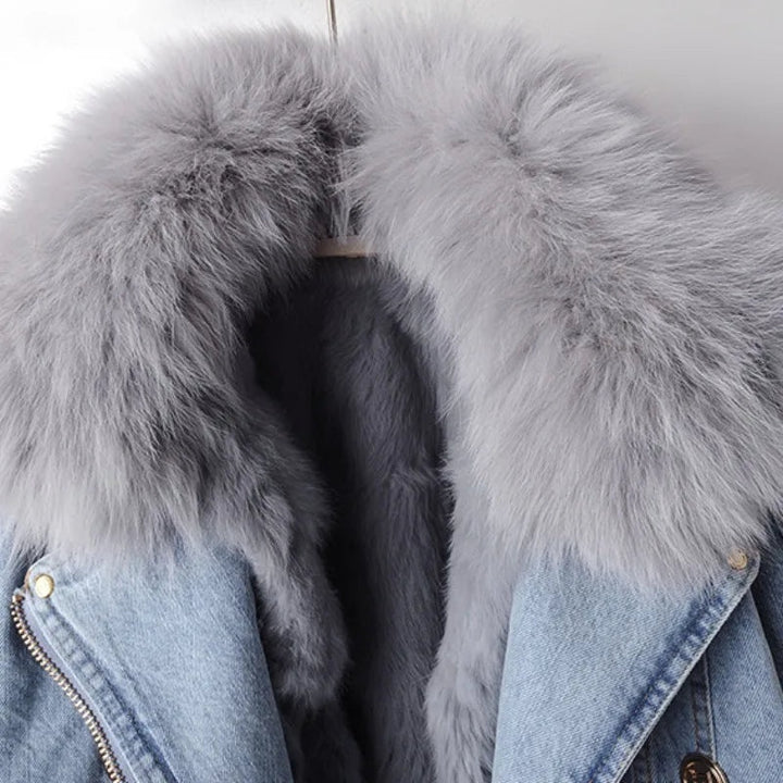 Manon | Manteau Court en Denim Femme Col Fourrure