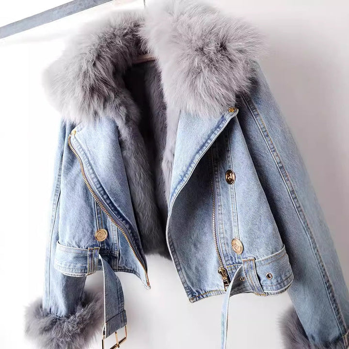 Manon | Manteau Court en Denim Femme Col Fourrure