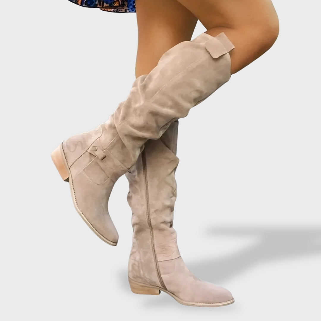 Margaux | Bottes Hautes Femme Cuir Suède Tige Haute Talon Bloc