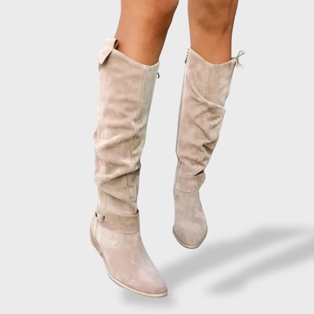 Margaux | Bottes Hautes Femme Cuir Suède Tige Haute Talon Bloc