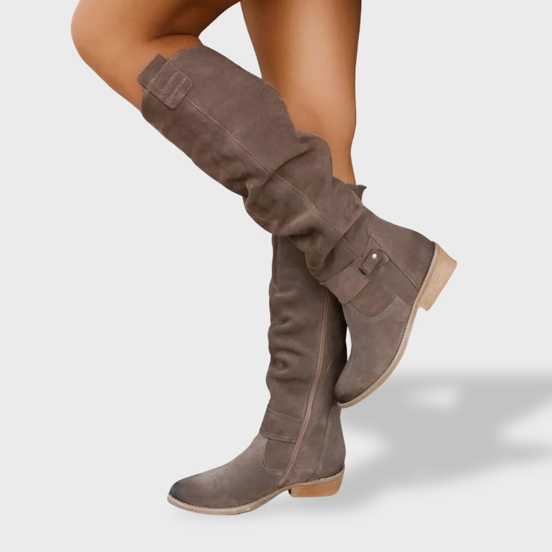 Margaux | Bottes Hautes Femme Cuir Suède Tige Haute Talon Bloc