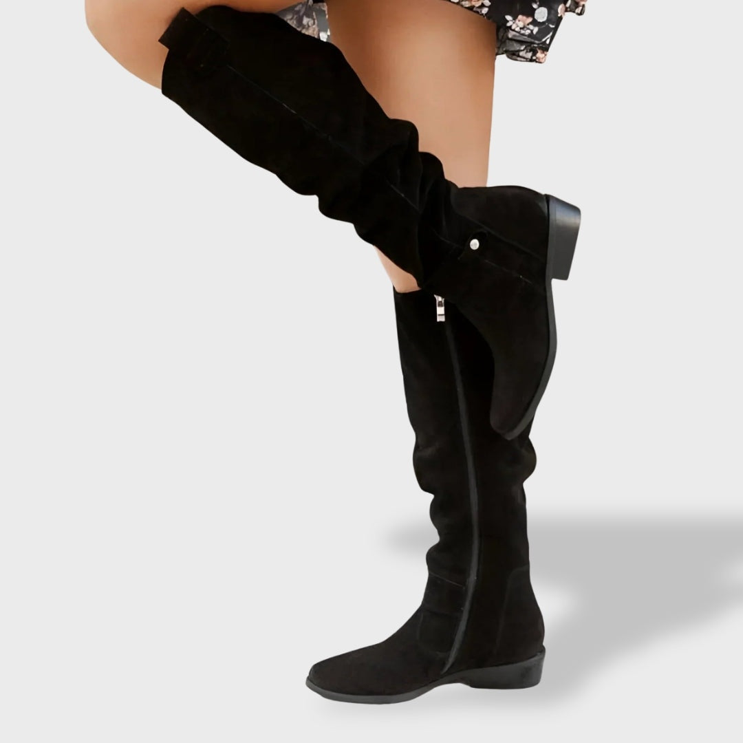 Margaux | Bottes Hautes Femme Cuir Suède Tige Haute Talon Bloc