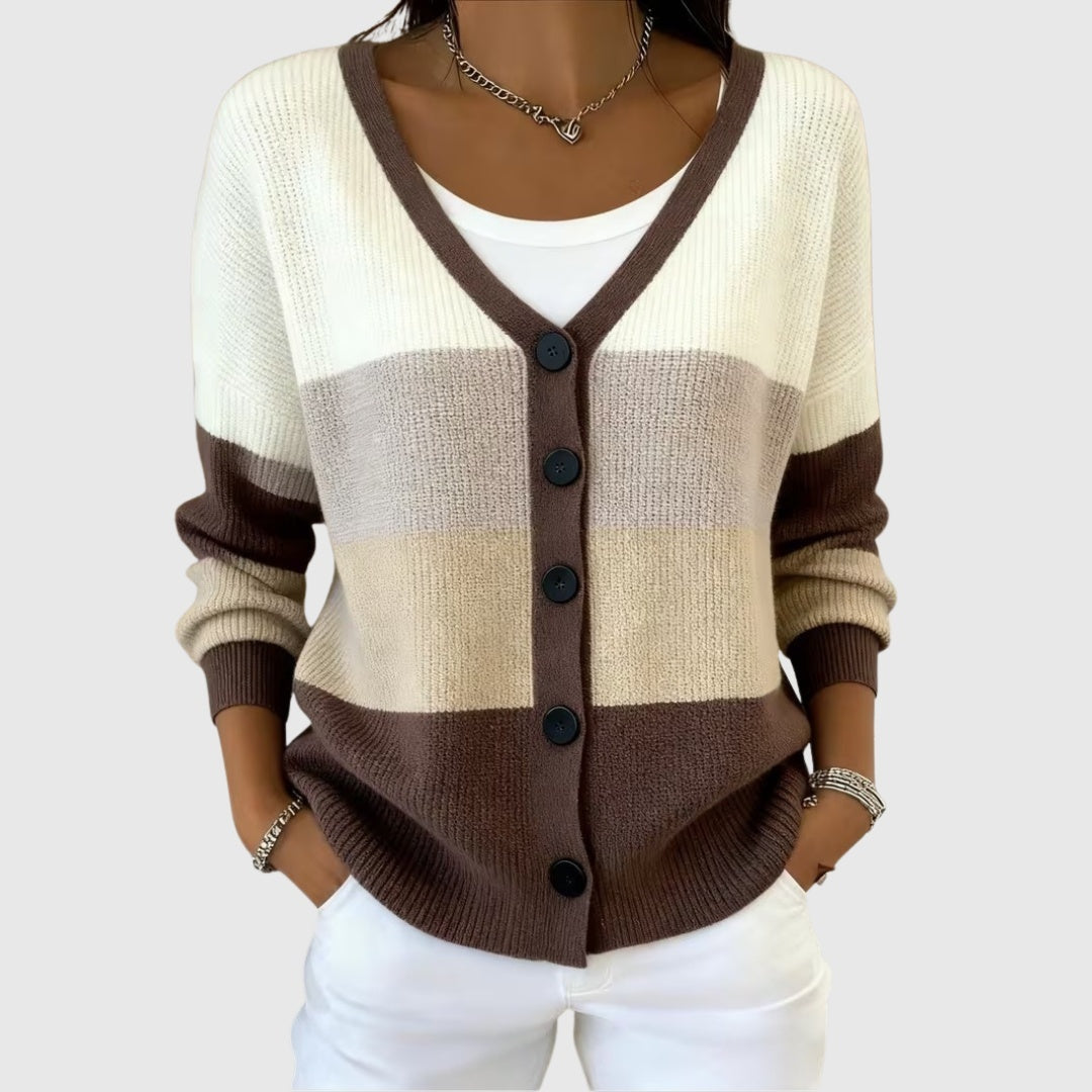 Marion | Gilet Maille Femme Col V Rayé Boutons