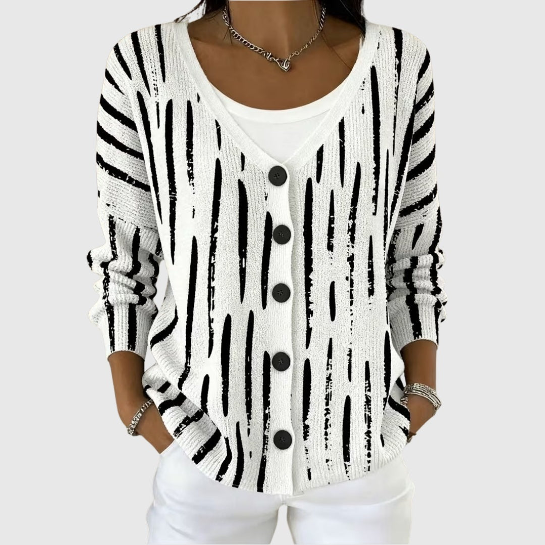 Marion | Gilet Maille Femme Col V Rayé Boutons