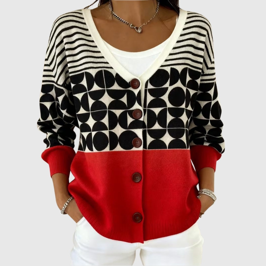 Marion | Gilet Maille Femme Col V Rayé Boutons