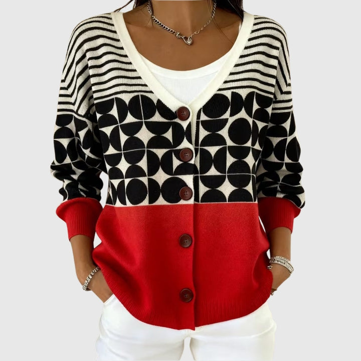 Marion | Gilet Maille Femme Col V Rayé Boutons