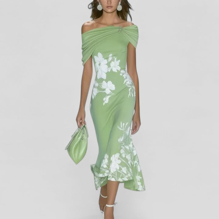 Marion | Robe Fourreau de Soirée Mariage Femme Imprimé Floral Épaules Dénudées