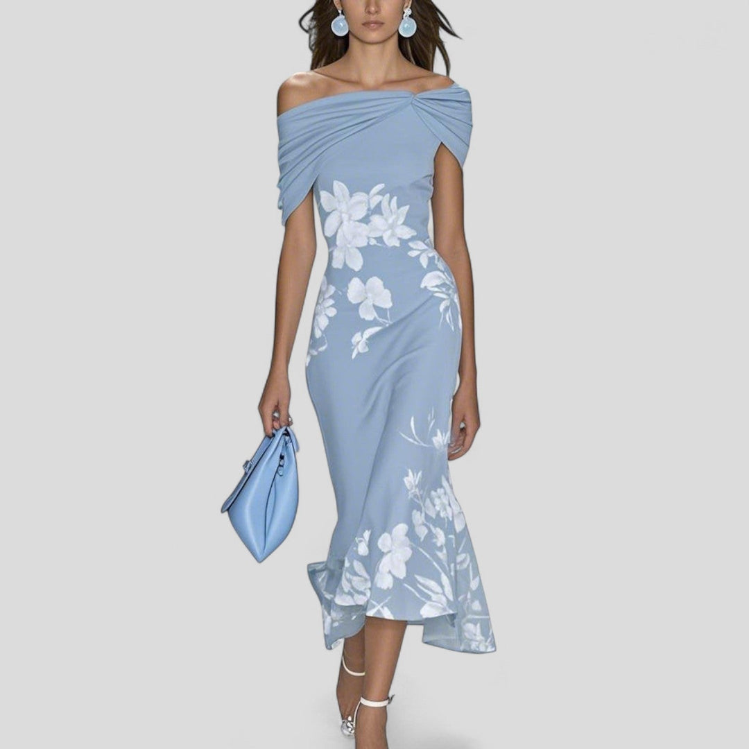 Marion | Robe Fourreau de Soirée Mariage Femme Imprimé Floral Épaules Dénudées
