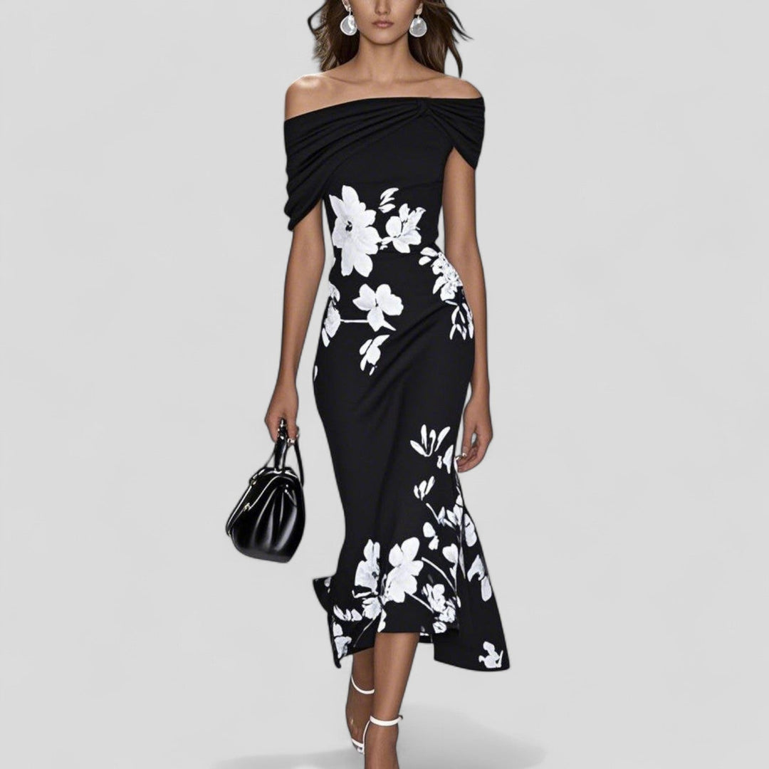 Marion | Robe Fourreau de Soirée Mariage Femme Imprimé Floral Épaules Dénudées