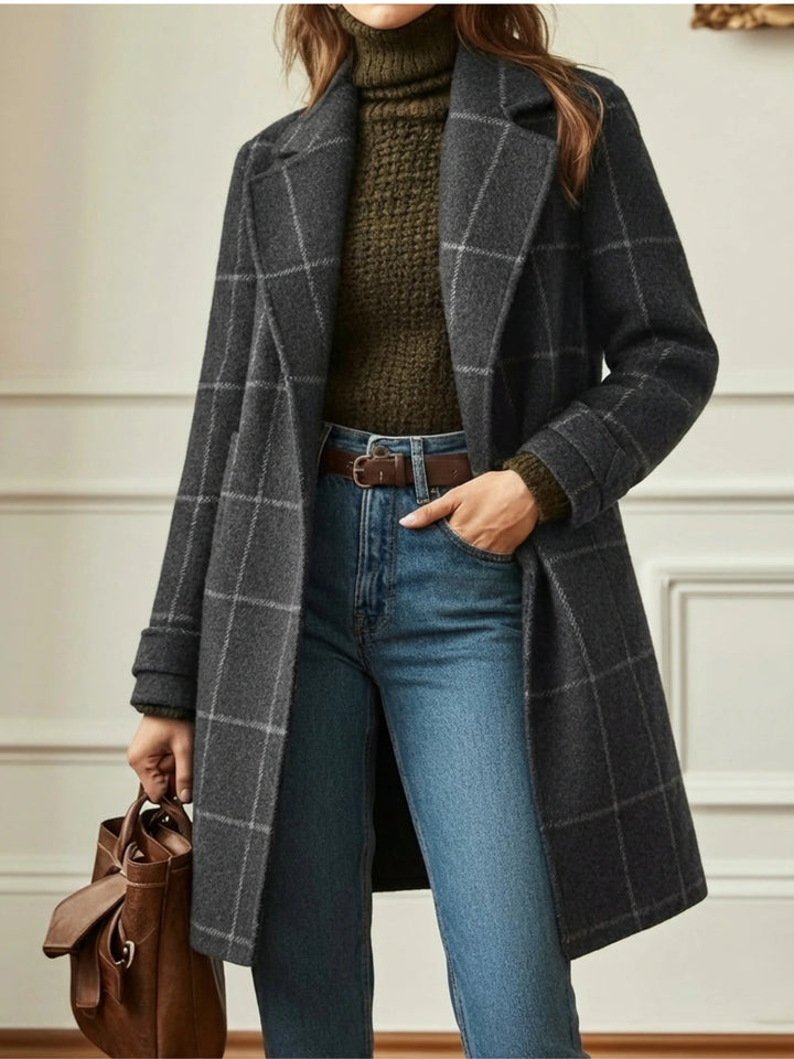 Mathilde | Manteau en Laine à Carreaux Femme Long Col Revers Chic