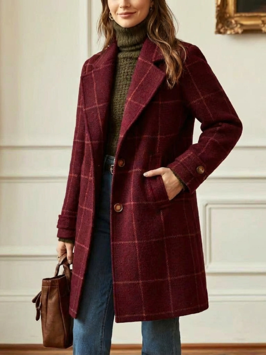 Mathilde | Manteau en Laine à Carreaux Femme Long Col Revers Chic