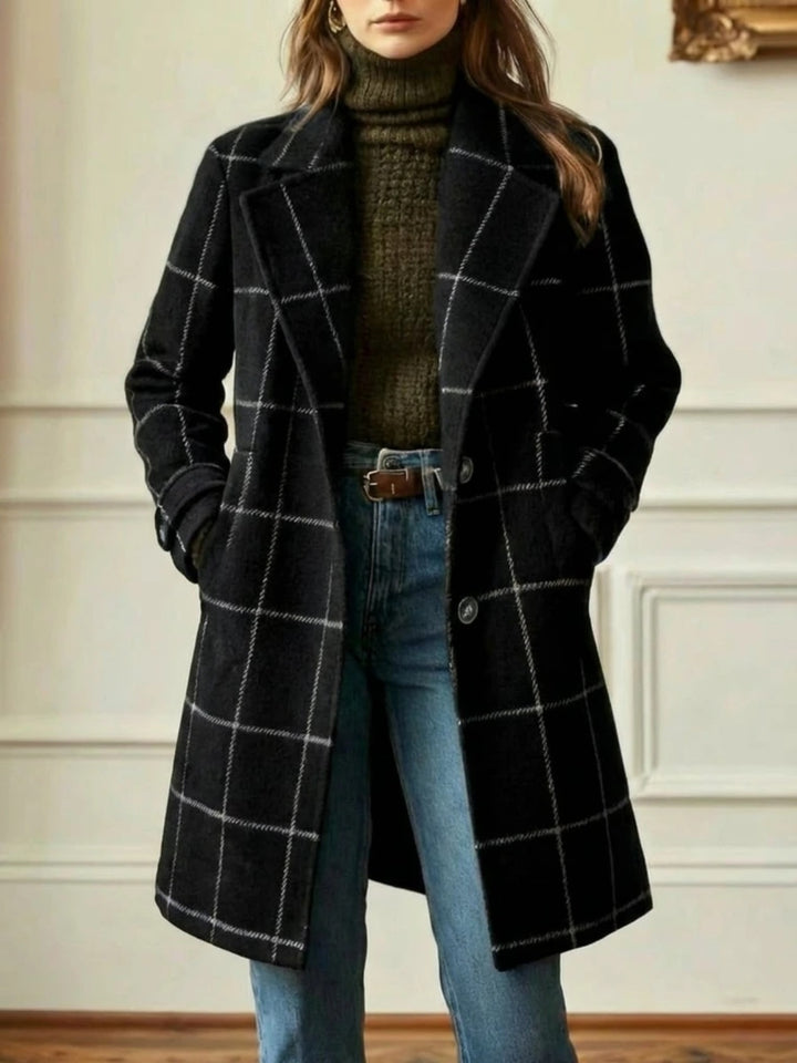 Mathilde | Manteau en Laine à Carreaux Femme Long Col Revers Chic