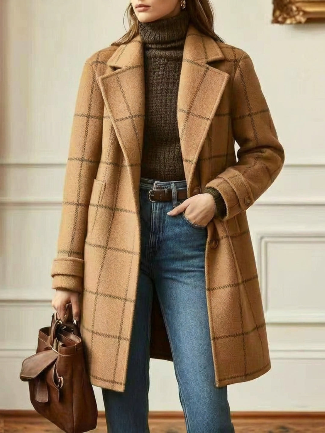 Mathilde | Manteau en Laine à Carreaux Femme Long Col Revers Chic