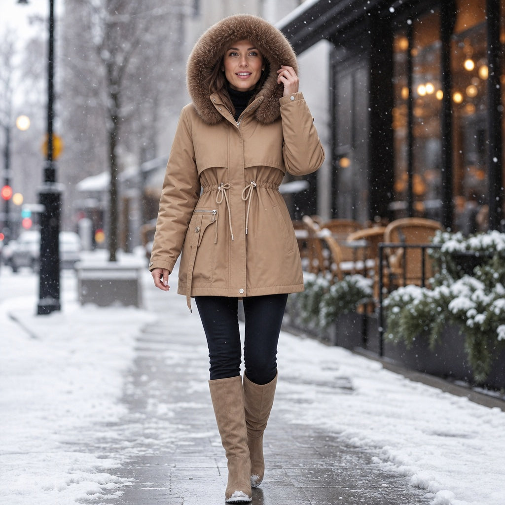 Mathilde | Parka à Capuche Fausse Fourrure Femme Ceinture Ajustable