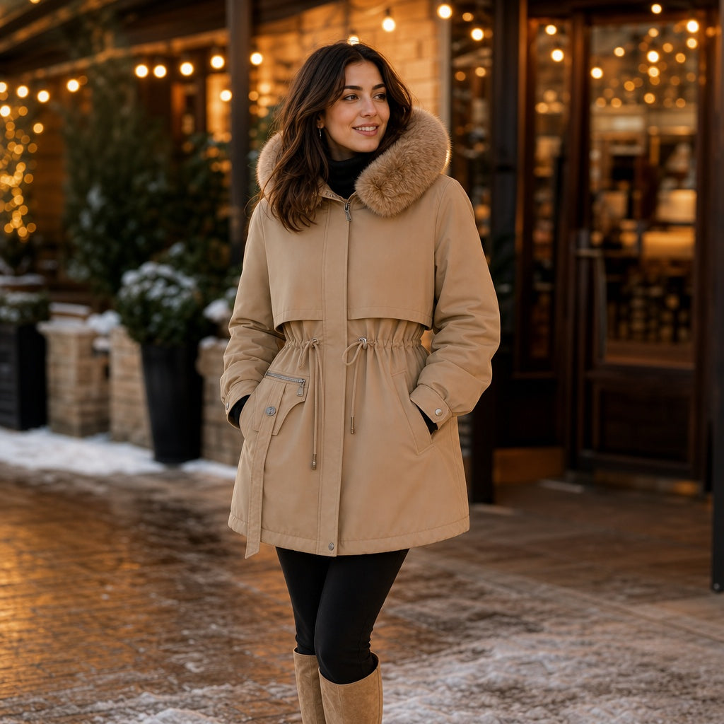 Mathilde | Parka à Capuche Fausse Fourrure Femme Ceinture Ajustable