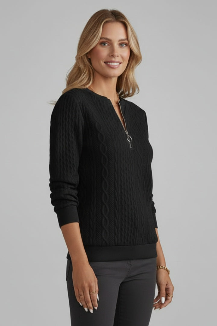 Mathilde | Pull Zippé Femme Maille Câblée Col Montant