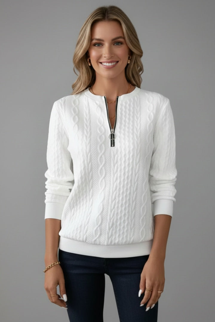 Mathilde | Pull Zippé Femme Maille Câblée Col Montant