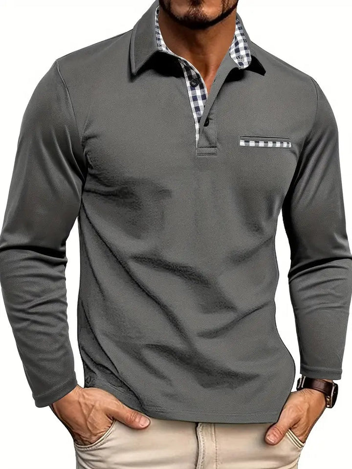 Mathis | Polo à Manches Longues Homme Col Carreaux Poche Poitrine