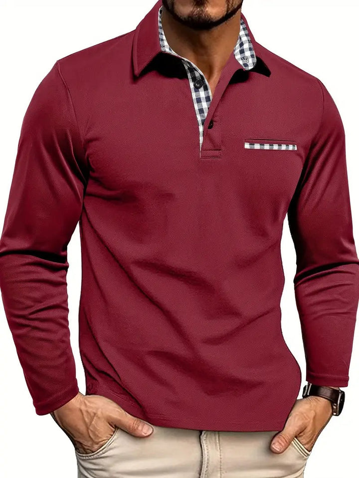 Mathis | Polo à Manches Longues Homme Col Carreaux Poche Poitrine