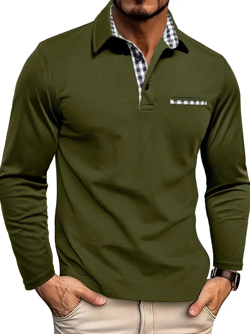 Mathis | Polo à Manches Longues Homme Col Carreaux Poche Poitrine