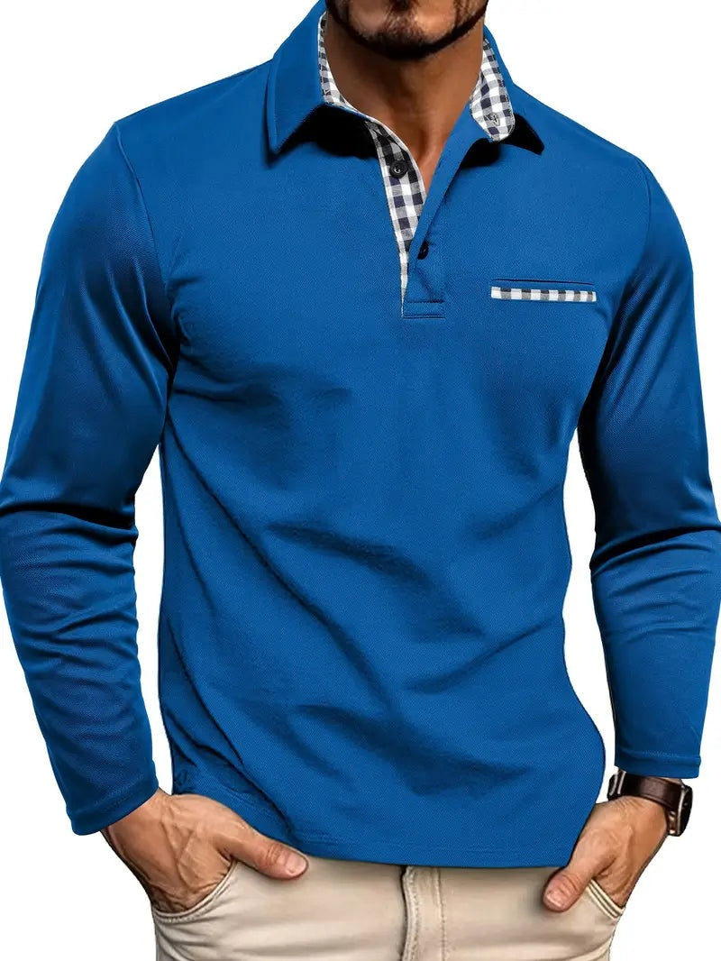 Mathis | Polo à Manches Longues Homme Col Carreaux Poche Poitrine