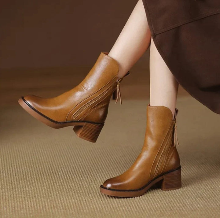 Noémie | Boots Cuir Femme Talon Bloc Bottes Hiver Fermeture Éclair