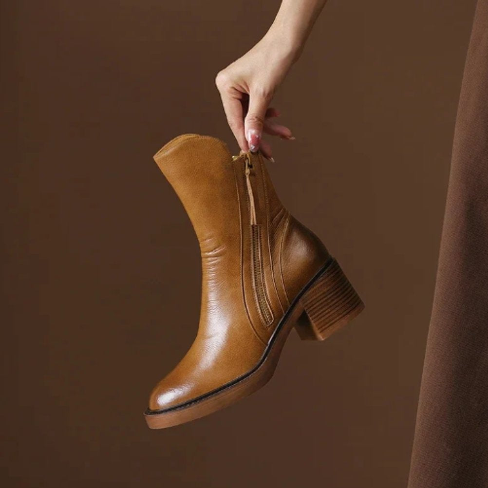 Noémie | Boots Cuir Femme Talon Bloc Bottes Hiver Fermeture Éclair